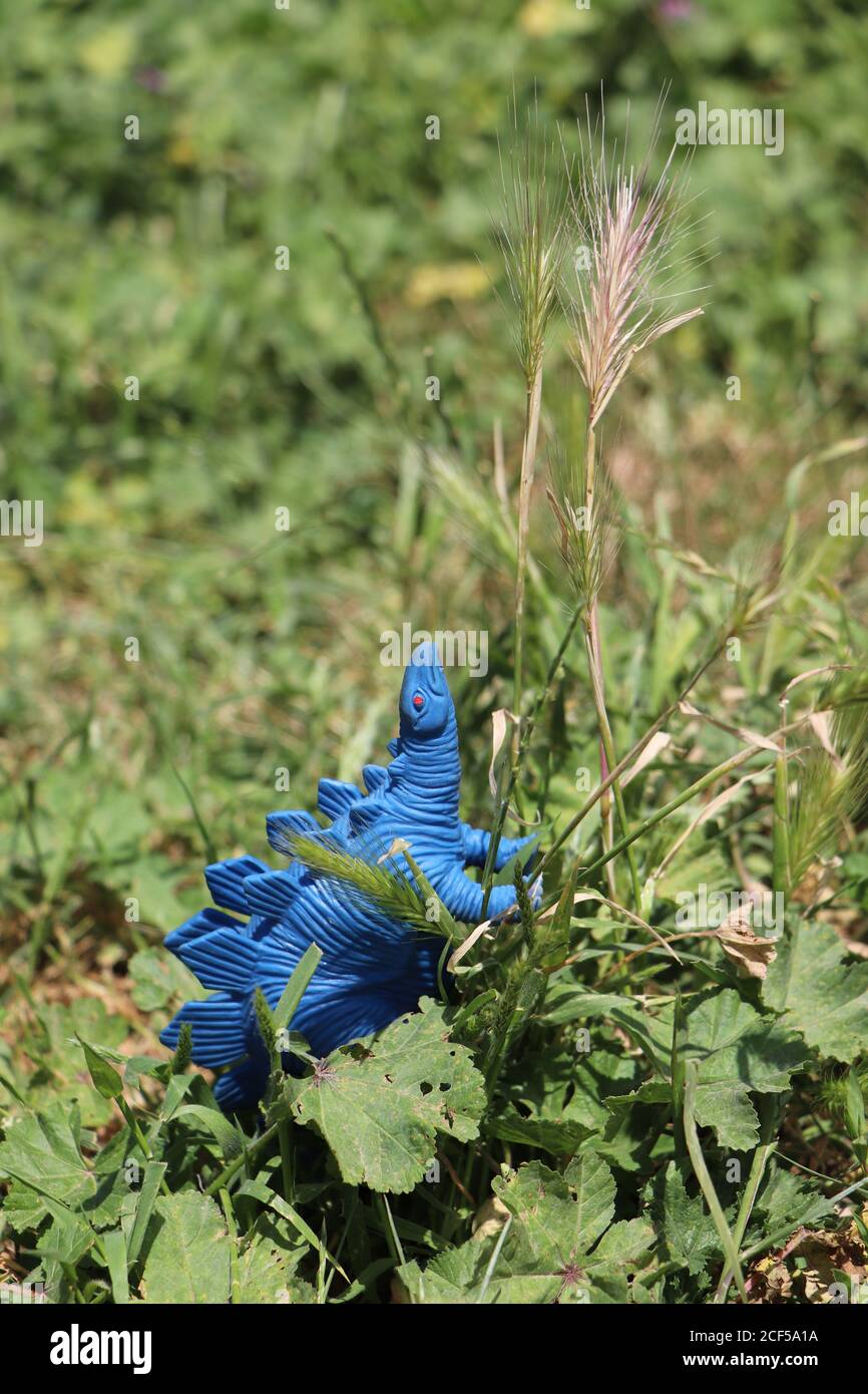 blue rubber stegosaurus dinosaur toy in a park Stock Photo Alamy
