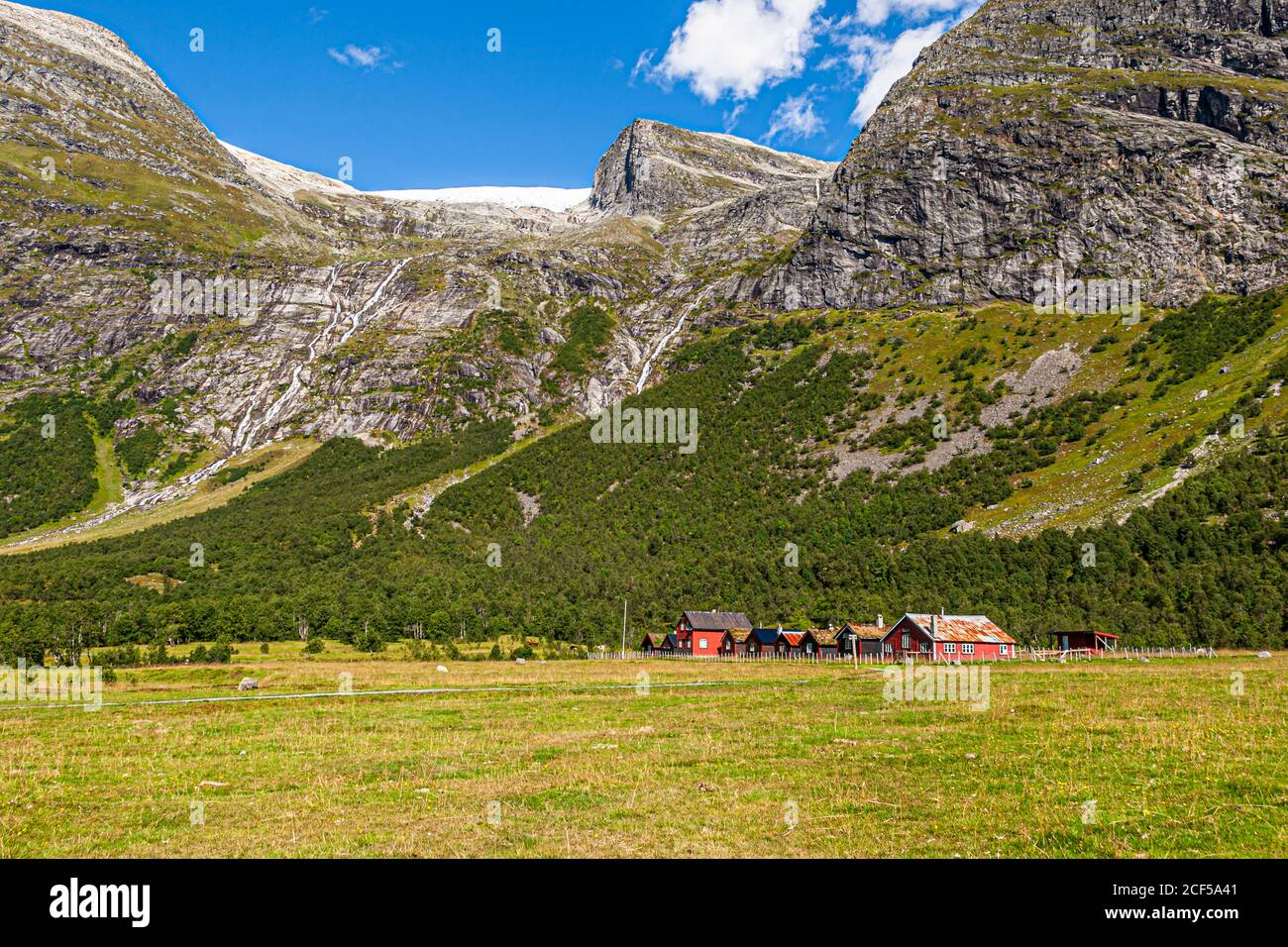 Remote settlement near Lovatnet lake near Stryn, Norway Stock Photo