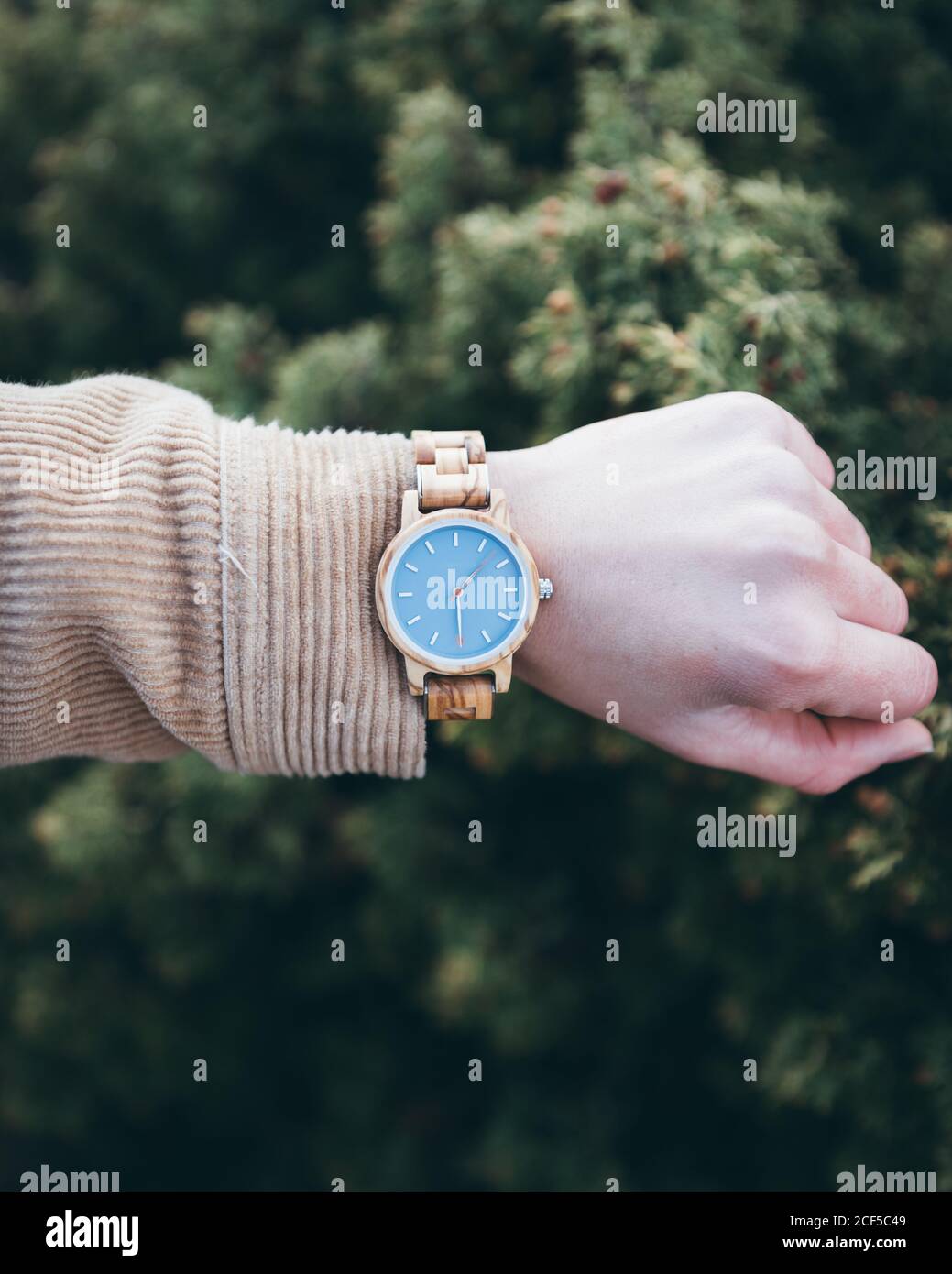Traveler checking time on wristwatch Stock Photo