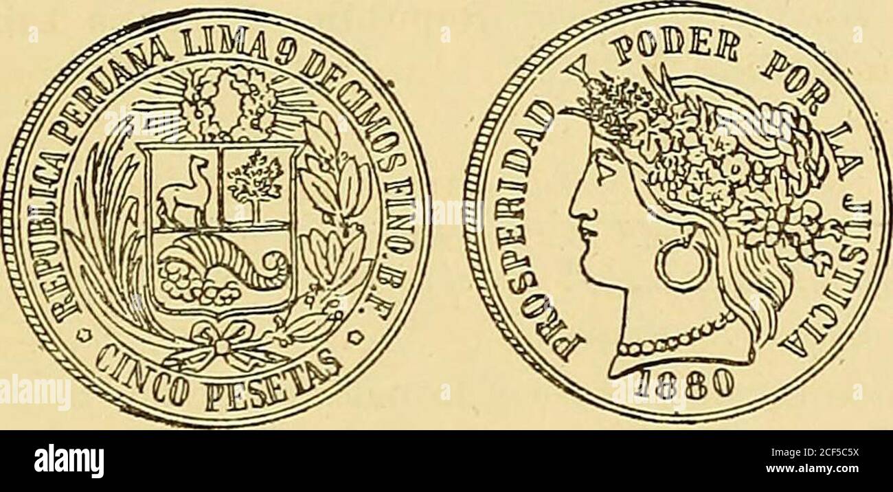 . Monetario americano (ilustrado) clasificado. N 1379—Anverso Leyenda República Peruana*Cinco Centa-vos * 1879. En el campo: Sol radiado. Reverso Leyenda Moneda Provisional. En el campo:5 dentro de círculo. Exergo: • Centavos • Nickel: Peso 2 gram. 3 decíg. — 439 — N° 1380—Anverso Leyenda República Peruana Lima 9 Deci-mos Fino Y. J. En el campo: Escudo de armas del Perú.Exergo: 1880. Reverso Leyenda Firme y Feliz por la Union. En el campo: La Libertad sentada á la derecha, teniendo en laizquierda el asta con el gorro frigio y en la otra mano,escudo con sol radiante. A la derecha pedestal rodea Stock Photo