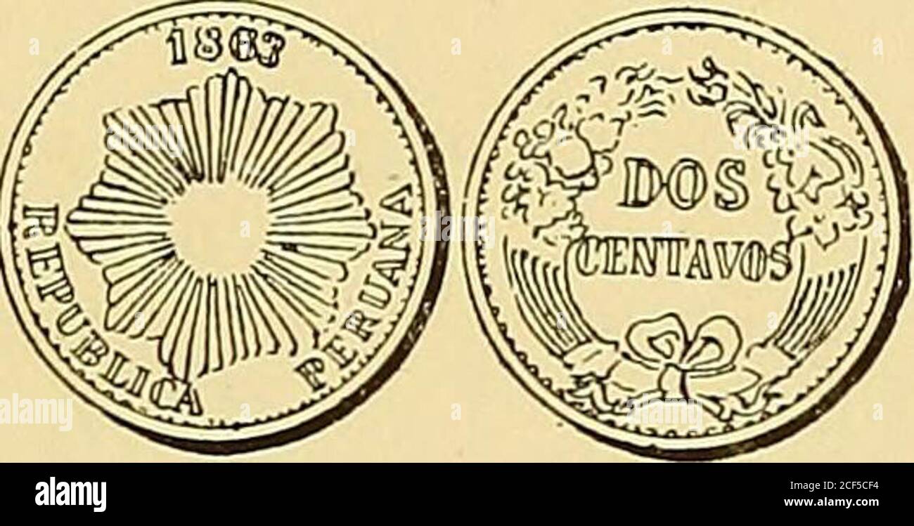 . Monetario americano (ilustrado) clasificado. N 1365—Anverso Leyenda Repub • Peruana Lima 9 D : FinoY. B. En el campo: Escudo de armas del Perú. Exergo:1863. — 435 — Reverso Leyenda Firme y Feliz por la Union. En el campo: La Libertad sentada á la derecha, teniendo en ladiestra el asta con el gorro frigio y en la otra mano unescudo con sol. A la derecha, pedestal en el que hay unacorona de laurel; una cinta con la inscripción: Libertadrodea á aquel. Exergo: 1/2 Diño. Plata: Peso i gram. 3 decíg.. N 1365 a—Anverso Leyenda República Peruana. En el campo:Sol radiante y arriba: 1863. Reverso En e Stock Photo