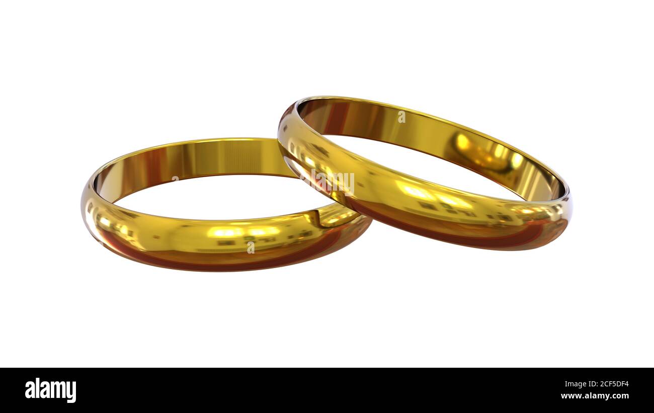 Gold wedding rings on white background. One above another. Realistic