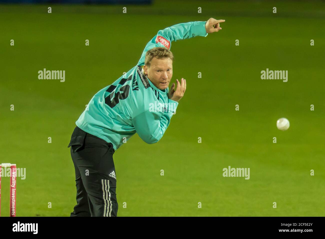 London, UK. 3 September, 2020. Gareth Batty bowling as Surrey take on Hampshire in the Vitality T20 Blast match at the Kia Oval. David Rowe/Alamy Live News Stock Photo