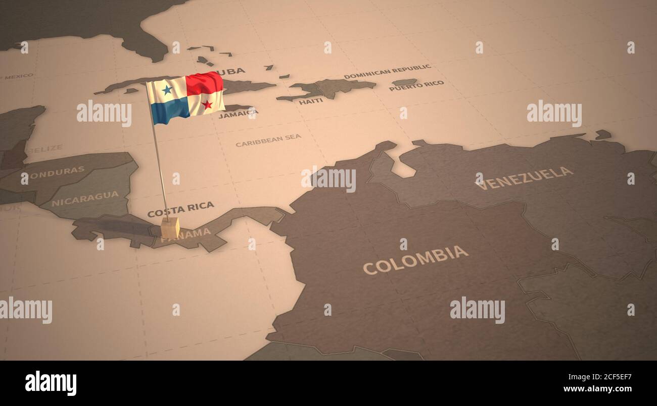 Flag on the map of Panama. Vintage Map and Flag of Central American, Caribbean Countries Series 3D Rendering Stock Photo