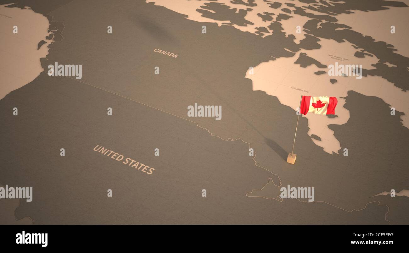 Flag on the map of Canada. Vintage Map and Flag of North American Countries Series 3D Rendering Stock Photo