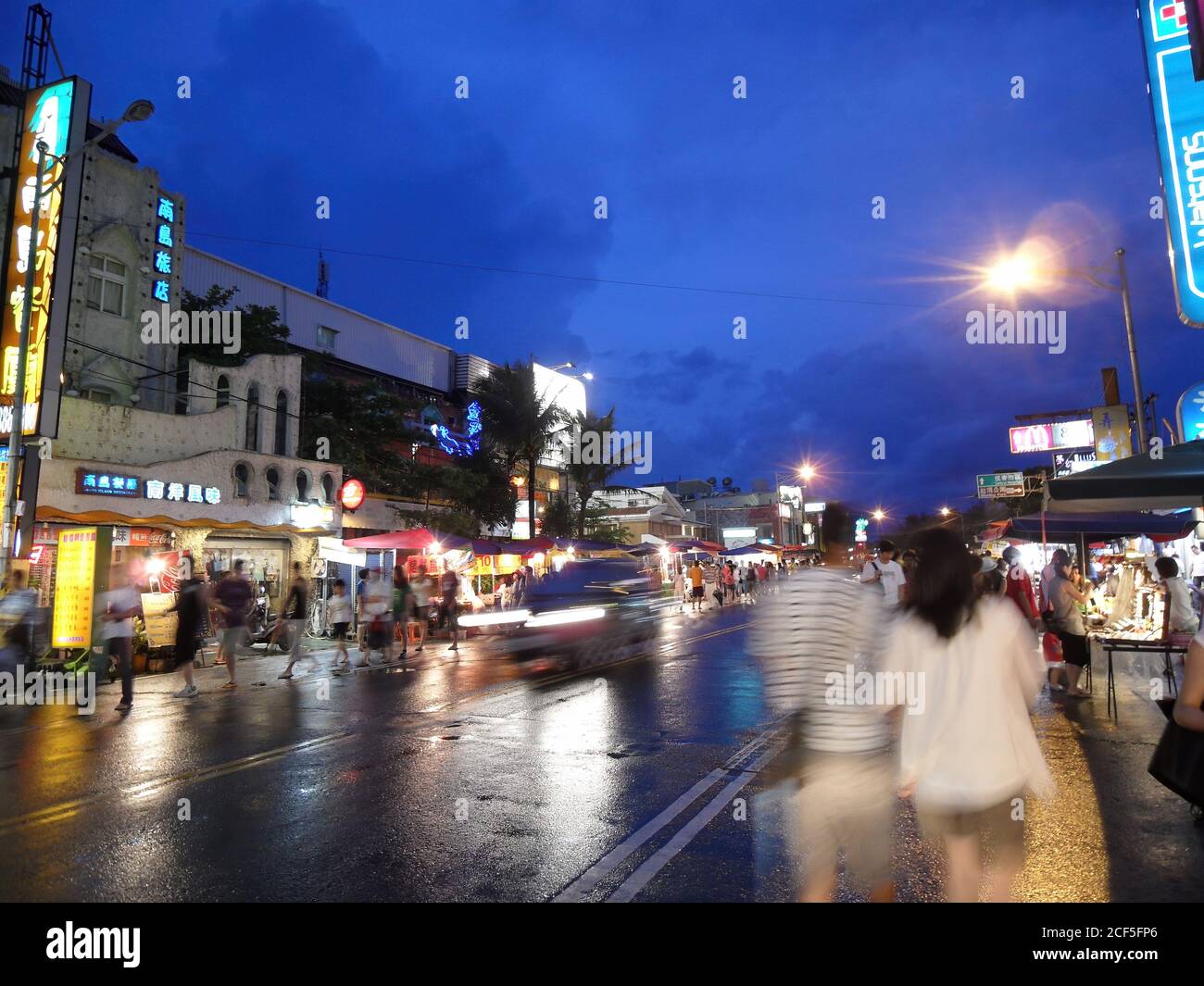 Taiwan, JUL 3, 2009 - Twilight rainy view of the night market in Kenting National Park Stock Photo