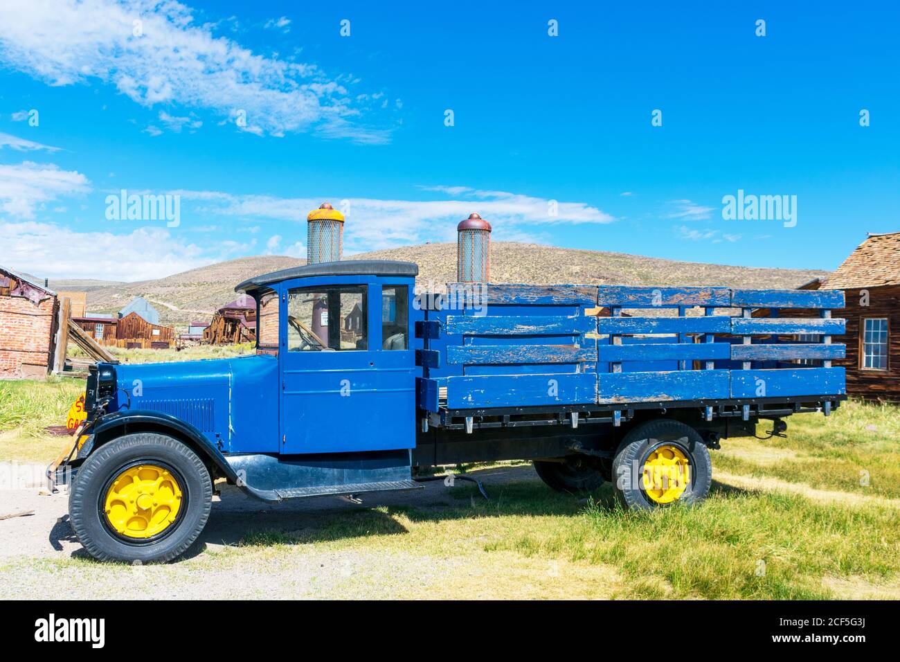 Blue Dodge Graham 1927 parked outdoor near vintage Shell gas station at Bodie State Historic Park - Bodie, California, USA - 2020 Stock Photo
