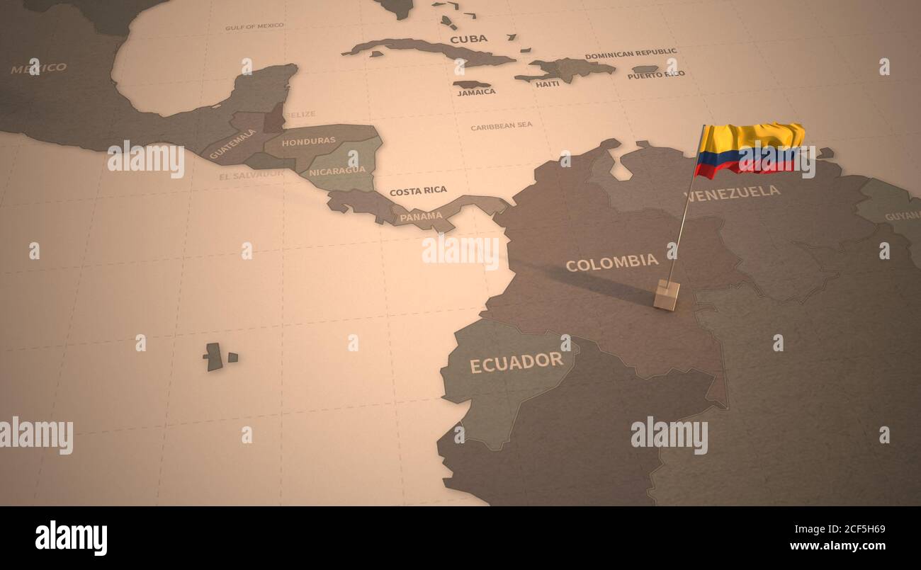Flag on the map of Colombia. Vintage Map and Flag of South American Countries Series 3D Rendering Stock Photo