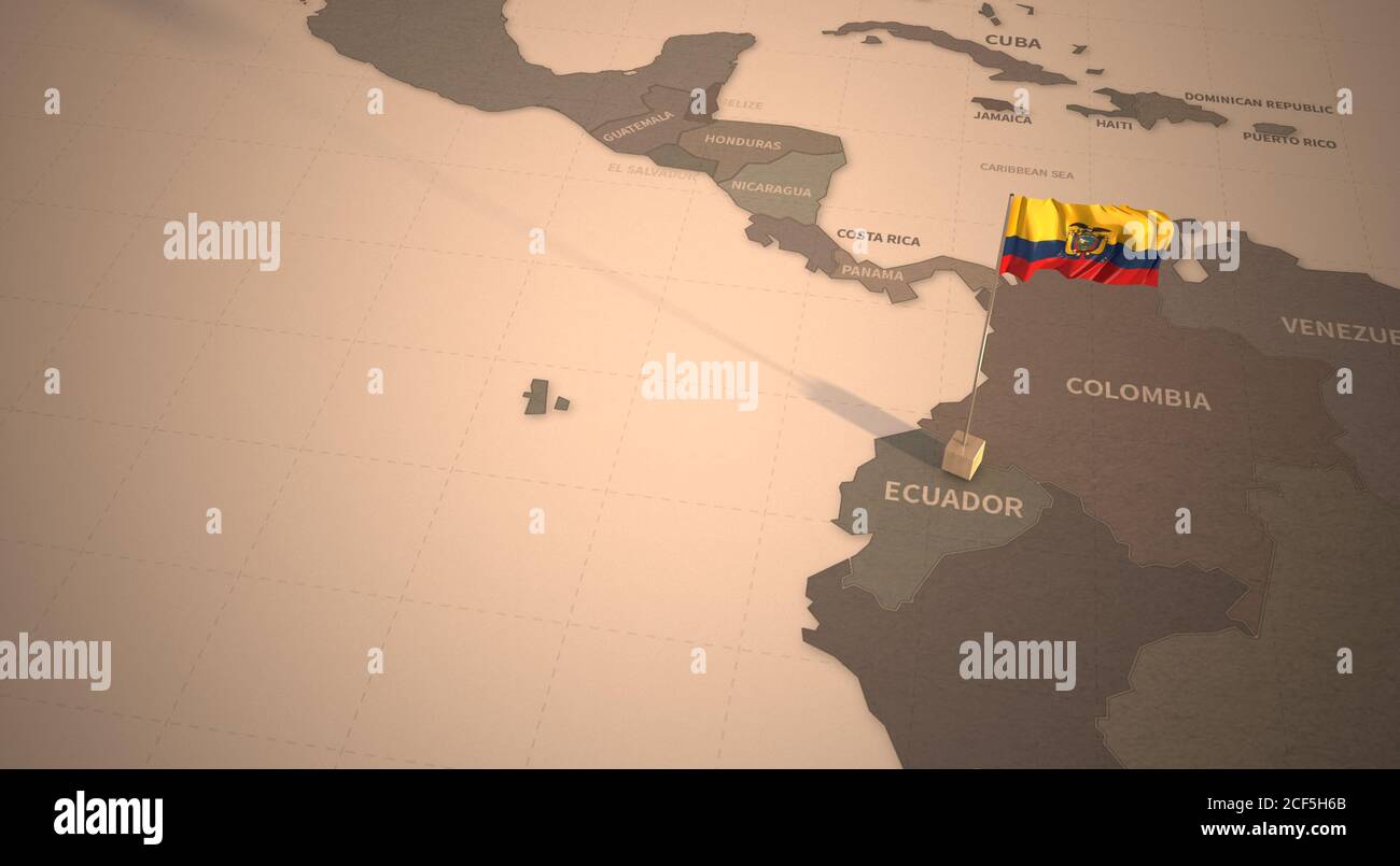 Flag on the map of Ecuador. Vintage Map and Flag of South American Countries Series 3D Rendering Stock Photo