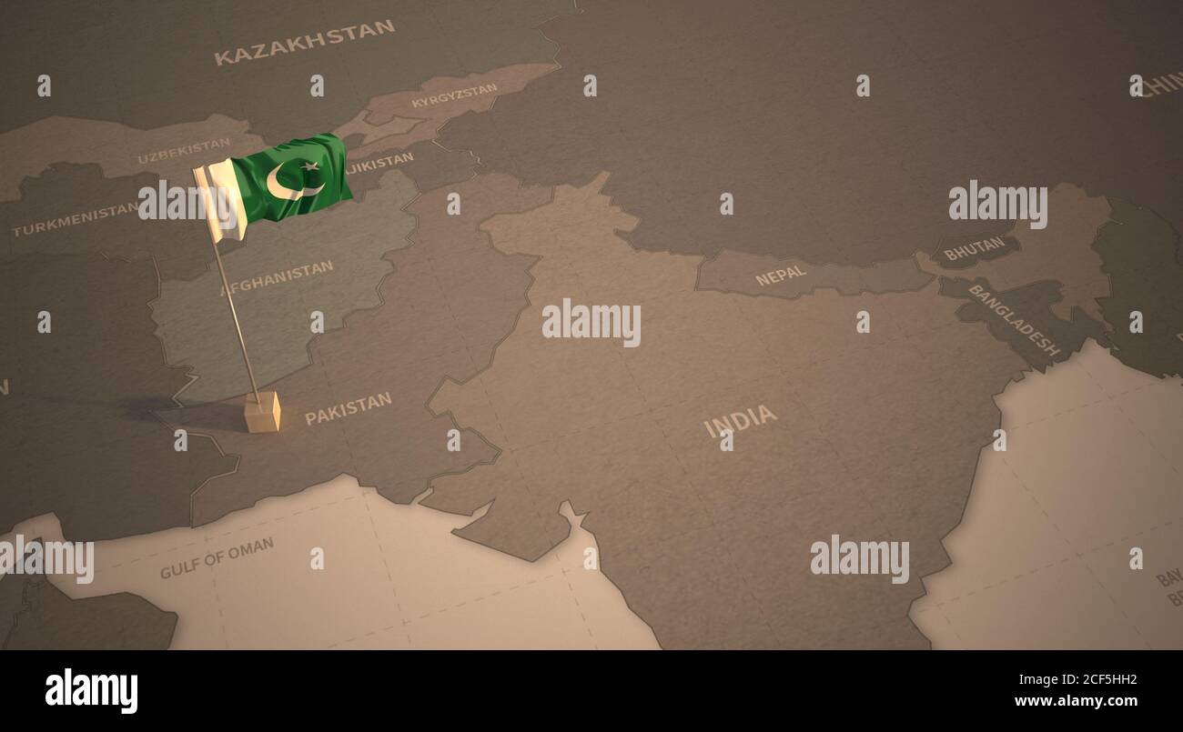 Flag on the map of Pakistan. Vintage Map and Flag of Asian Countries Series 3D Rendering Stock Photo