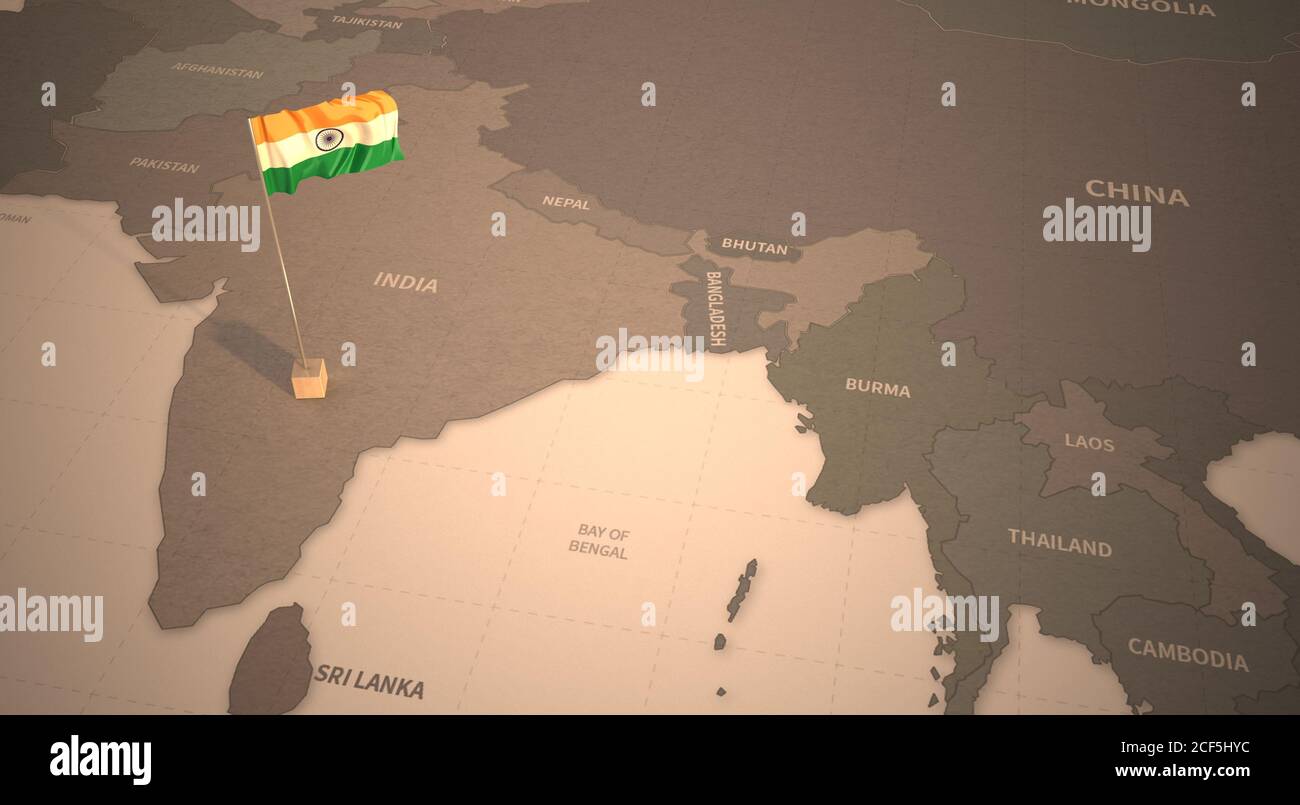 Flag on the map of India. Vintage Map and Flag of Asian Countries Series 3D Rendering Stock Photo