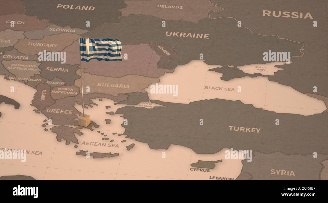 Flag on the map of Greece. Vintage Map and Flag of European Countries Series 3D Rendering Stock Photo
