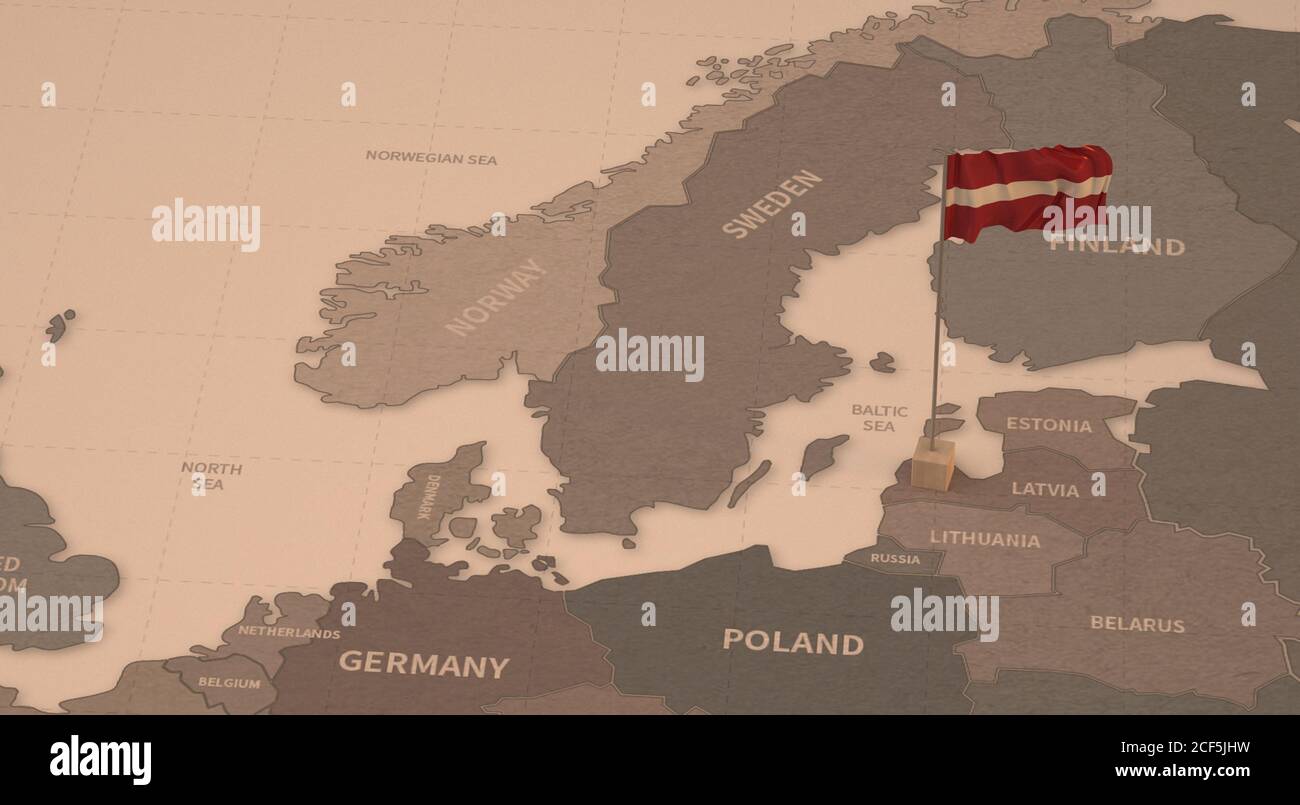 Flag on the map of Latvia. Vintage Map and Flag of European Countries Series 3D Rendering Stock Photo