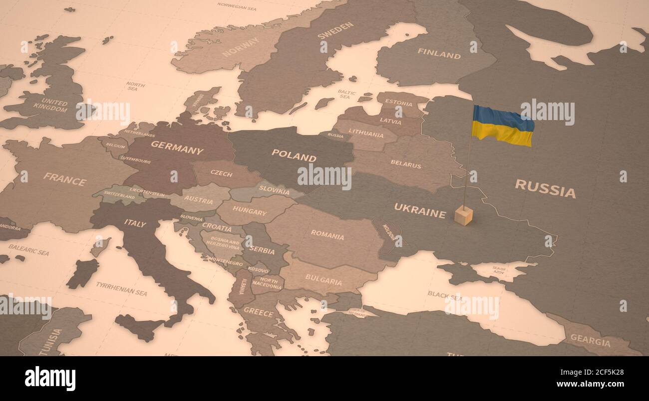 Flag on the map of Ukraine. Vintage Map and Flag of European Countries Series 3D Rendering Stock Photo