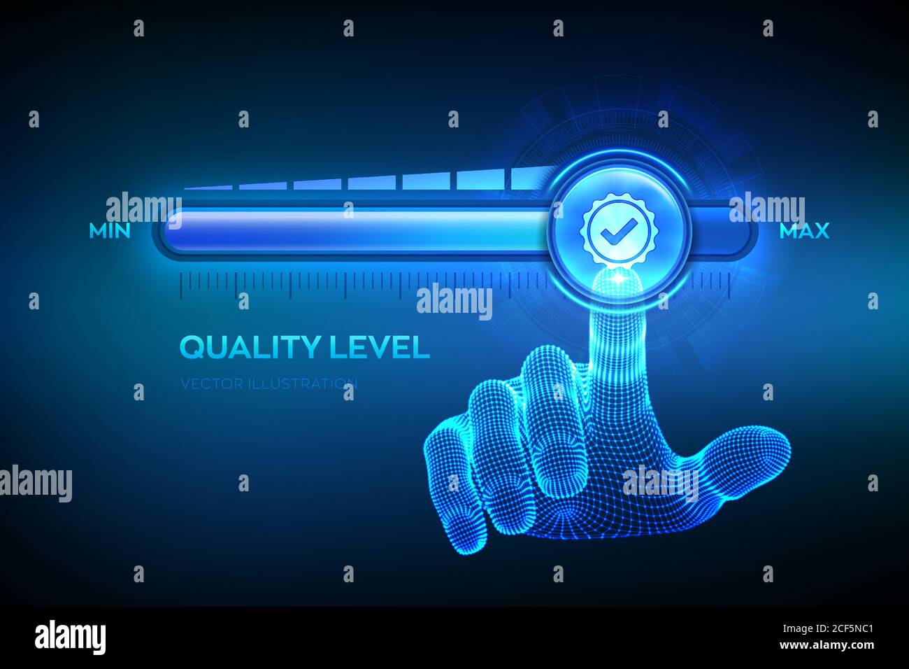 Quality levels growth. Wireframe hand is pulling up to the maximum ...