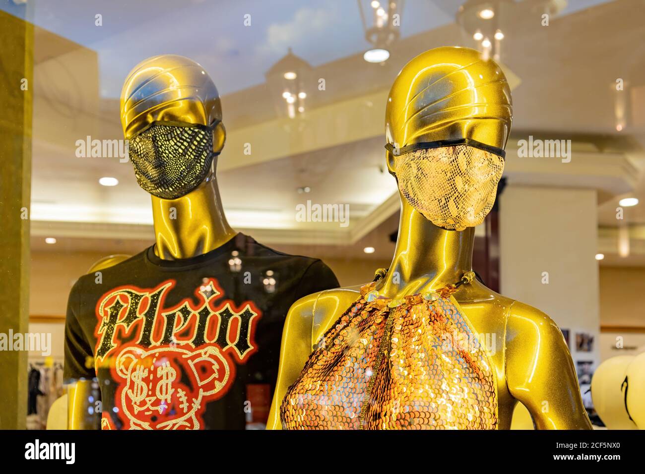Las Vegas, SEP 1, 2020 - Face mask as art display in the Miami clothing stores in Grand Canal Shoppes Stock Photo