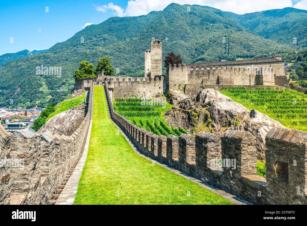 Scenic panorama of Castelgrande castle in Bellinzona Ticino Switzerland Stock Photo