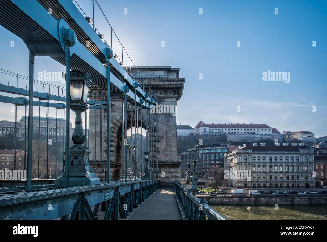 Budapest, Hungary, March 2020, close up of and on the Széchenyi Chain Bridge Stock Photo