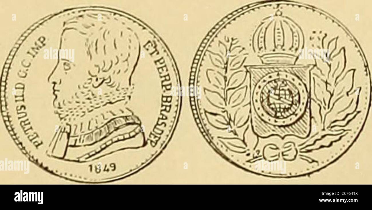 . Monetario americano (ilustrado) clasificado. N 768—Anverso Leyenda Petrus II. D. G. O. Imp. et Perp.Bras. Def. En el campo: Busto del Emperador con manto,á la derecha. Exergo: 1849. Reverso En el campo: Escudo de armas del Brasil; arribaen línea horizontal, la inscripción: IN. HOC. S. VlNCES,borrada. Reis 20.Q00: Peso 19 gramos.. N 769—Como el anterior. Reis 10.000: Peso 9 gramos. — 238 — N° 770—Como el número 768. Año • 1850 •Reis 20.000: Peso 17 gram. 8 decíg. N° 771—Como el número 768. Año • 1850»Reis 10.000: Peso 8 gram. 9 decíg. Stock Photo