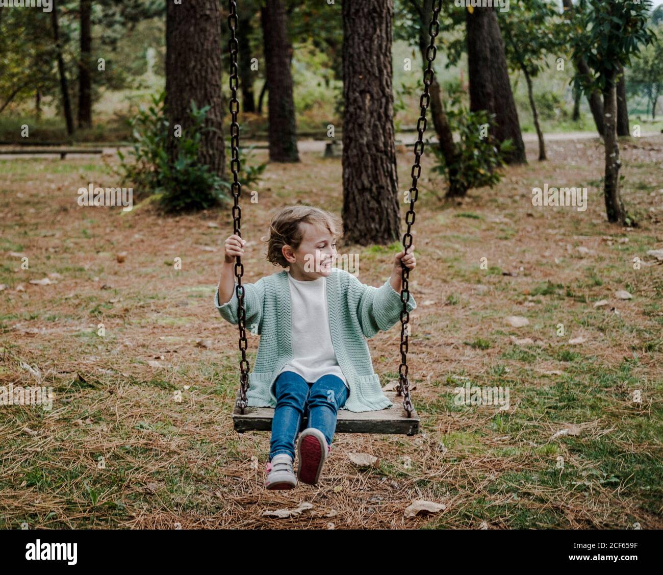 Positive happy child sitting on swings between trees in forest Stock Photo Alamy