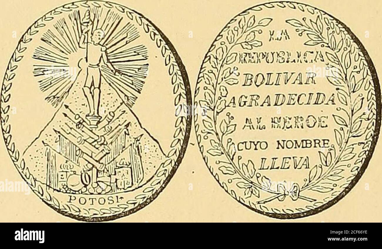 . Monetario americano (ilustrado) clasificado. N 714—Anverso Leyenda República Boliviana. En el campo:Escudo de armas de Bolivia; debajo nueve estrellas. Reverso Leyenda La Union es la Fuerza E. F. Enel campo: En corona de laurel y roble: Veinte Cents- 9Ds. Fino. Exergo: 1883. Plata: Peso 4 gram. 6 decíg. MEDALLAS GOBIERNO INDEPENDIENTE. BATALLA DE AYACUCHO N° 715 —Anverso En el campo: El cerro de Potosí, detrás sol radiantey « el libertador Bolívar colocado al término de una escalaformada de fusiles, espadas, cañones y banderas en aptitudde fijar sobre la cima de dicho cerro la gorra de la li Stock Photo