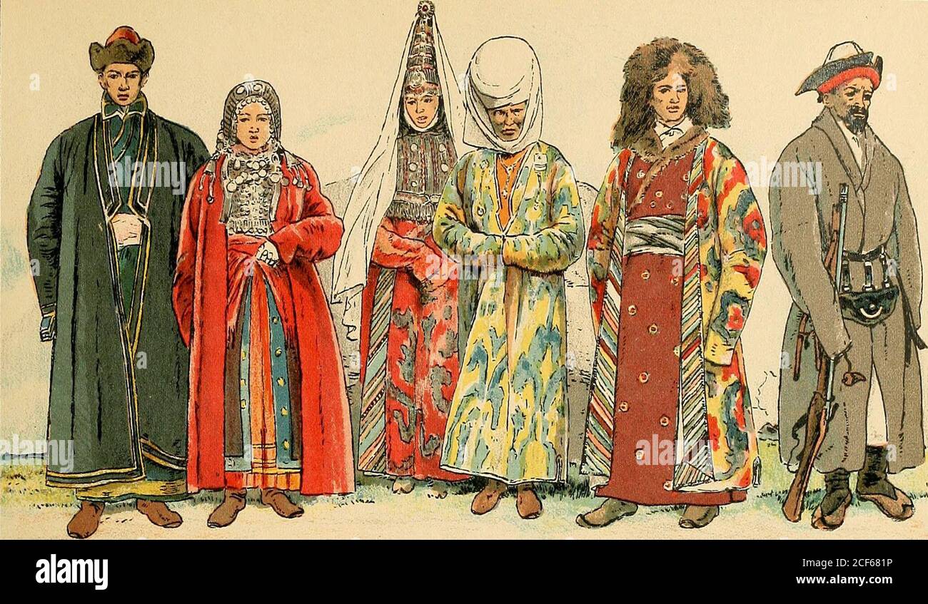 . Geschichte des Kostüms. e hohen Stiefel, die hier verdeckt sind. Fig. 6. Bewaffneter Kirgise. Die Kirgisen sind vortreffliche Schützen auch mit solchenGewehren, die anderswo längst den Altertumssammlungen angehören. Figg. 7 und 8. Tatarische Frauen aus Turkestan. Figg. 9 und 10. Kalmükenpaar. Der Mann (Fig. 10) mit nach ihnen gewendetemPelz. — Die Kalmüken sind Mongolen im echten oder engeren Sinn,die im J 7. und 18. Jahrhundert in ihre Völkerwanderung gerieten, aus derDsungarei, ihrer Heimat, westlich zogen und in verschiedenen Gegenden dessüdöstlich europäischen Rußlands, sowie Sibiriens u Stock Photo