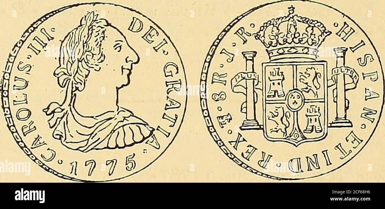Monetario americano (ilustrado) clasificado. N 614—Anverso Leye^tda Carolus  • III • D • G • Hispan • et Ind • Rex ?*• En el campo: Escudo de armas de  España timbradode