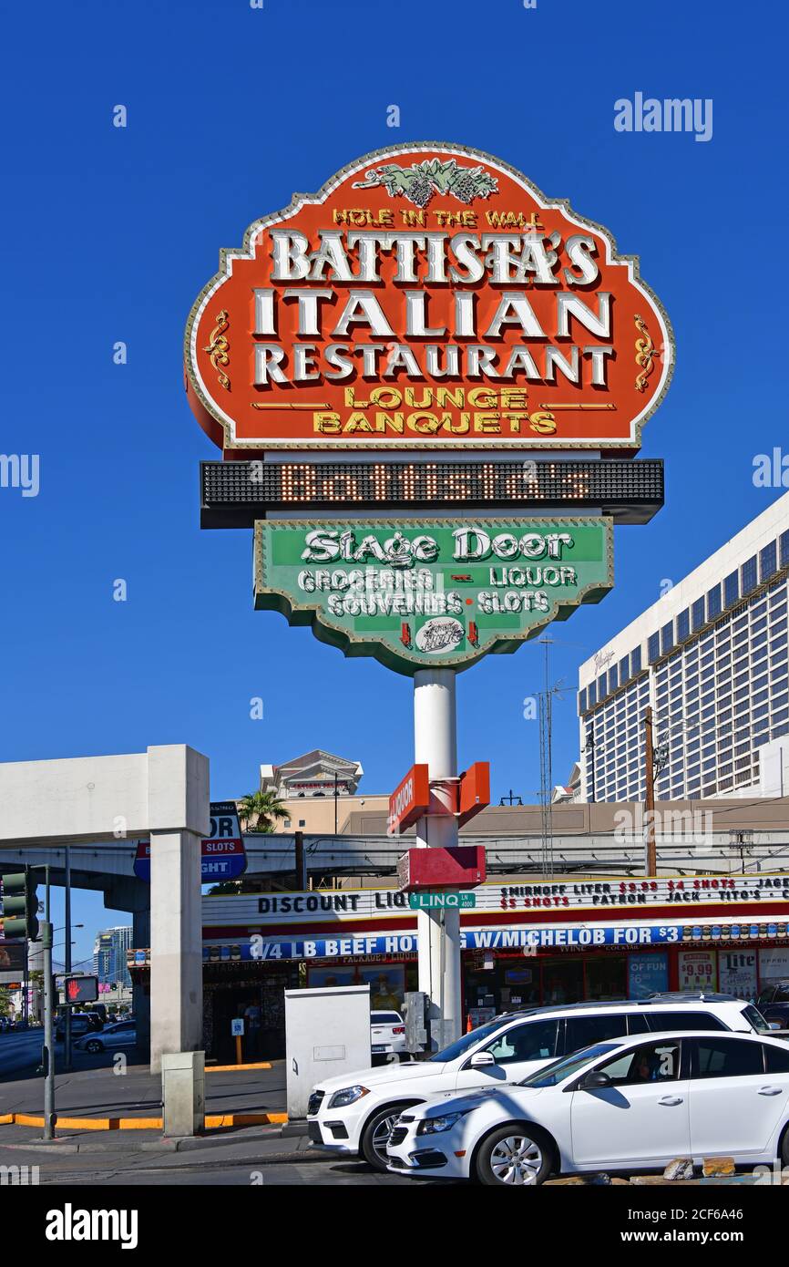 Las Vegas NV, USA 09-26-18 This is the advertising sign for Battista's Hole In the Wall restaurant located at 4041 Linq Ln, Las Vegas, NV 89109 Stock Photo