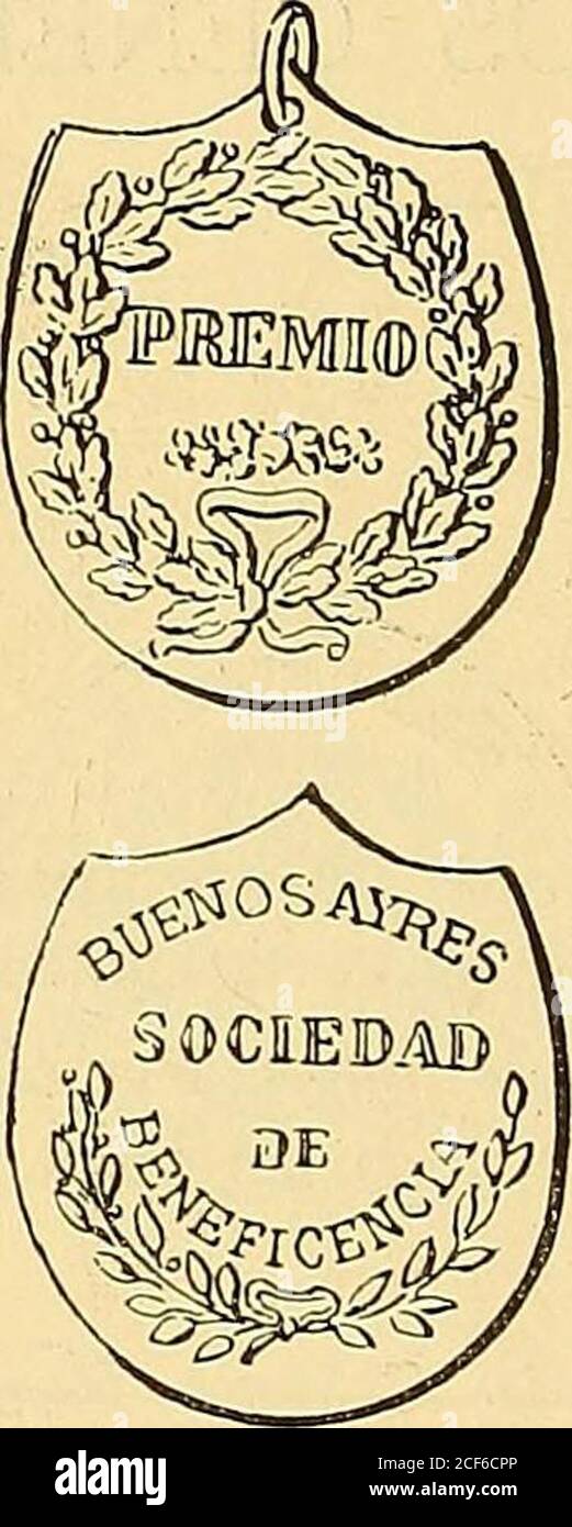 . Monetario americano (ilustrado) clasificado.  N 469—Anverso Leyenda Sociedad de Beneficencia. En elcampo: Puerta gótica en cuyo umbral un ángel entrega unamedalla á una niña arrodillada y al mismo tiempo le indica — 140 — con la mano derecha una R radiante arriba á la izquierda.Exergo: Buenos Aires. Reverso. Carece, Plata: Peso 5 gram. 8 decíg.. N° 469 a—Anverso En el campo: Buenos Ayres Sociedad deBeneficencia; debajo dos ramas de laurel. Reverso En el campo: Premio, dentro de corona delaurel. Plata: Peso 7 gram. 8 decíg. Stock Photo