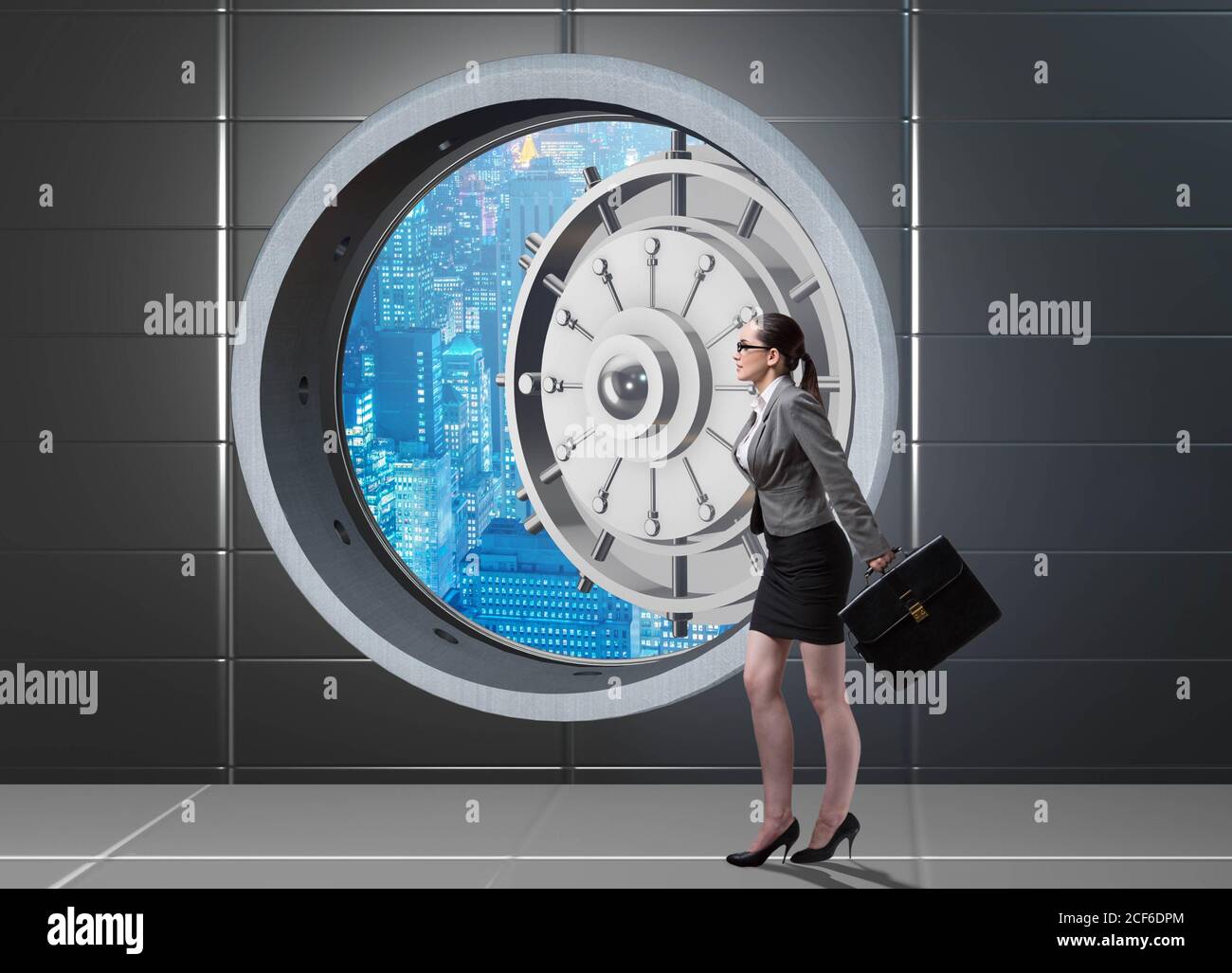 The businesswoman walking towards open vault door Stock Photo - Alamy