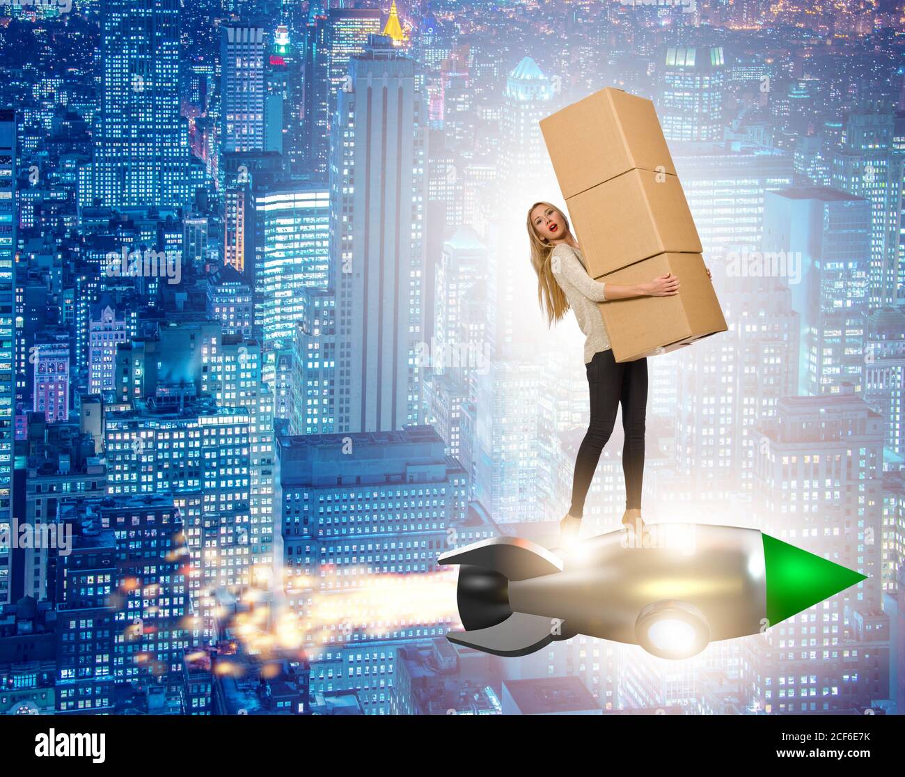Woman in fast box delivery service on rocket hi-res stock photography ...