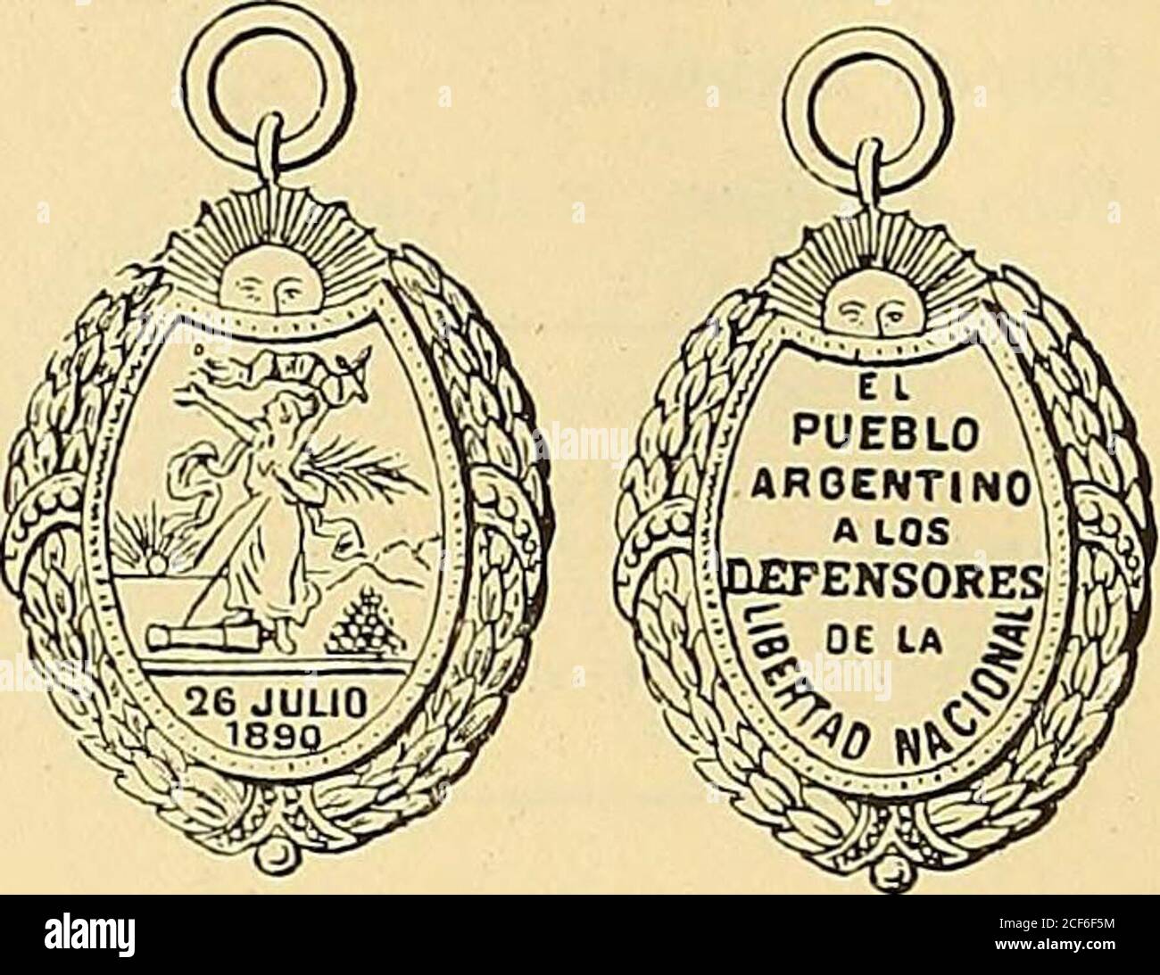 . Monetario americano (ilustrado) clasificado. CAMPANA DEL CII.VCO N-246—Anverso Leyenda Campaña del Chaco. En el campo:Escudo Nacional dentro de círculo de puntos. Reverso En el campo: La Nación Argentina, encorona de laurel. Oro: Peso 19 ^ gramos. N 247—Como la anterior. Plata: Peso J 5 gramos. N 248—Como la anterior. Cobre: Peso 10 gram. 3 decíg. so —. REVOLUCIÓN DE JULIO DE 1890 N 249—Anverso En el campo: La Libertad de pié teniendo la manoderecha extendida y con la izquierda sostiene un estandartey un gajo de palmas; debajo un cañón y balas; á lo lejosel río, un vapor y el sol en el horiz Stock Photo