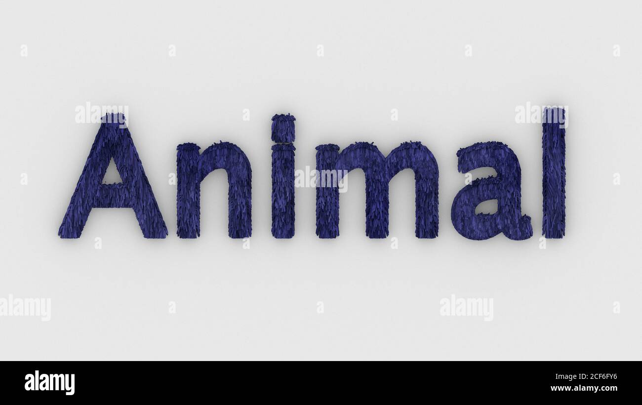 Animal 3d word blue on white background. render furry letters. hair