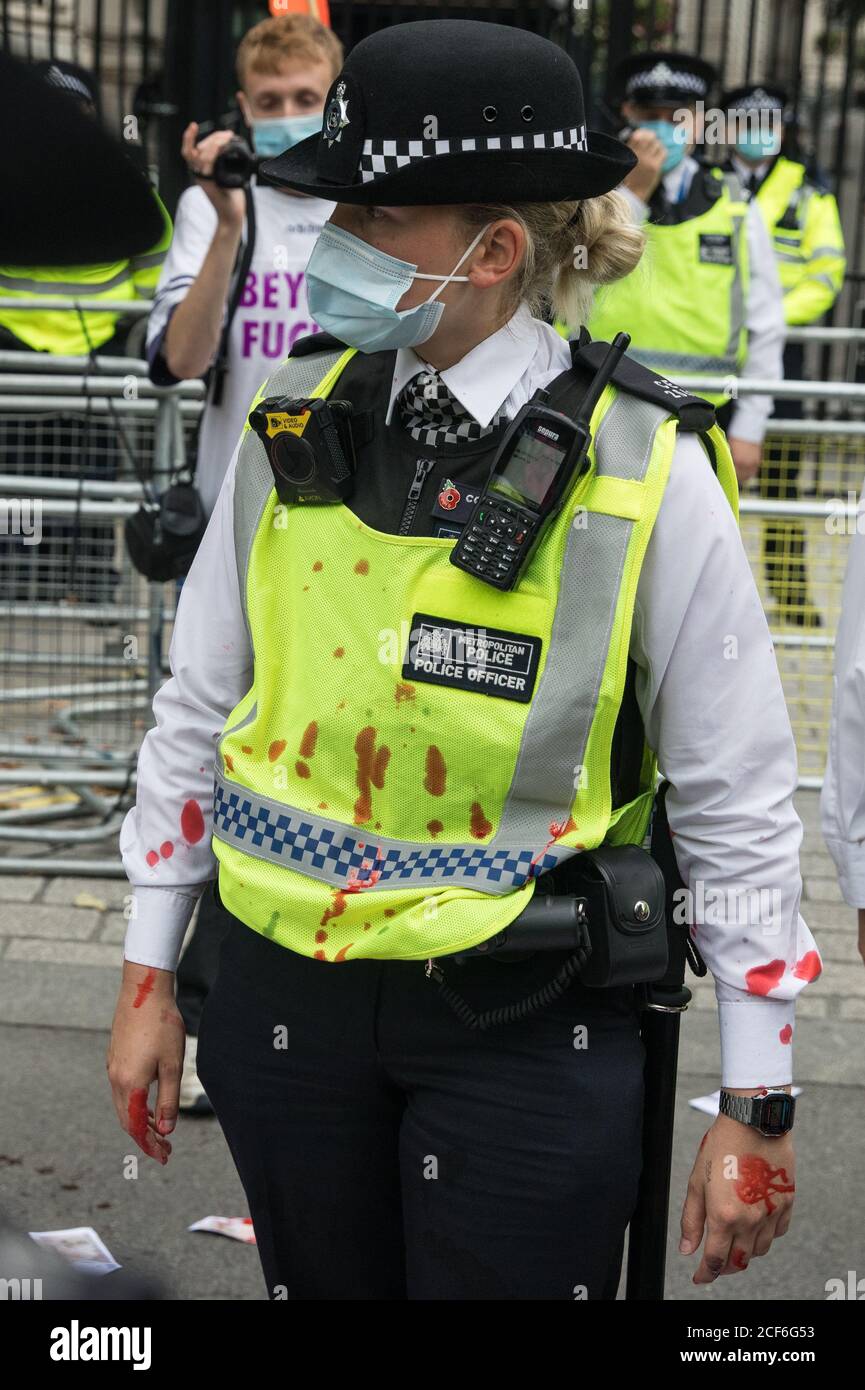 London, UK. 3rd September, 2020. A Metropolitan Police Officer is marked with fake blood in front of Downing Street during a ‘Carnival of Corruption’ protest by climate activists from Extinction Rebellion. Extinction Rebellion activists are attending a series of September Rebellion protests around the UK to call on politicians to back the Climate and Ecological Emergency Bill (CEE Bill) which requires, among other measures, a serious plan to deal with the UK’s share of emissions and to halt critical rises in global temperatures and for ordinary people to be involved in future environmental pla Stock Photo