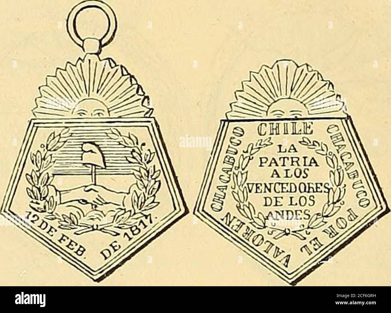 . Monetario americano (ilustrado) clasificado. C0M15ATE DEL CERRITO V TOMA DE M()TE)EO N 222—Anverso En el campo: La Patria á los vencedores del — 72 — 31 de Diciembre de 1812 y Libertadores de Monte-video en Junio de 1814, rodeado de palmas y laurel. Reverso: No tiene. Plata: Peso lo gram. i decíg.. VICTORIA DE CHACABUCO N 223—Anverso Leyenda Por el Valor en Chacabuco ChileChacabuco. En el campo: La Patria á los Vencedoresde los Andes entre láurea; arriba sol naciente. Reverso Leyenda 12 de Feb. de 1817. En el campo:escudo argentino; arriba sol naciente. Oro: Peso 15 gram. i decígr. Stock Photo