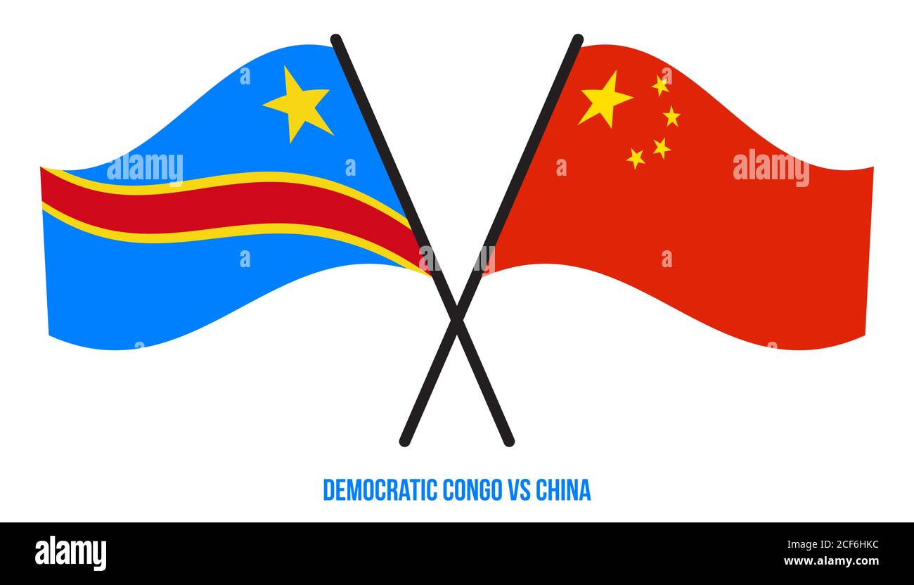 Democratic Congo and China Flags Crossed & Waving Flat Style. Official