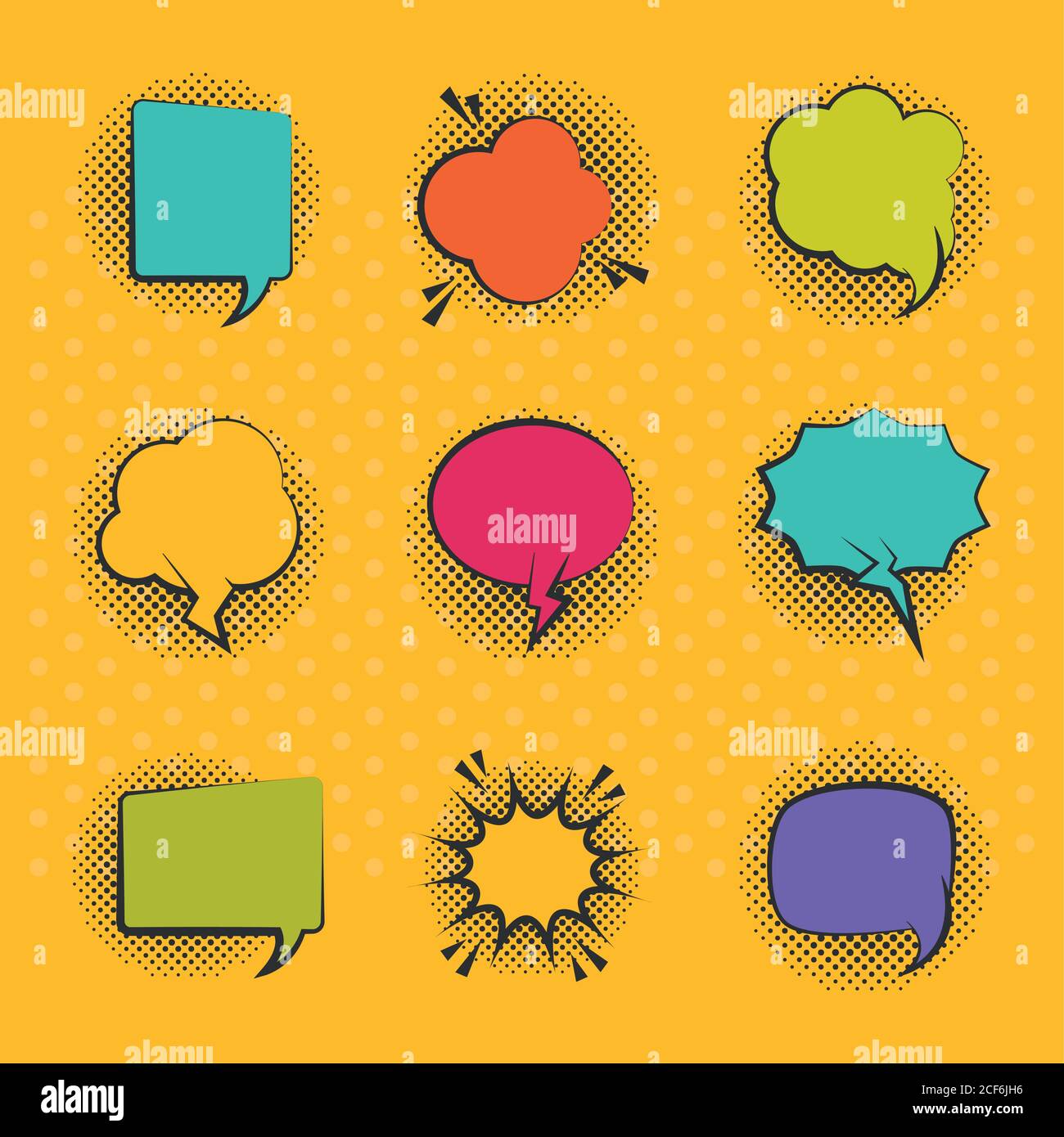 pop art retro comic empty speech bubbles, yellow background halftone ...