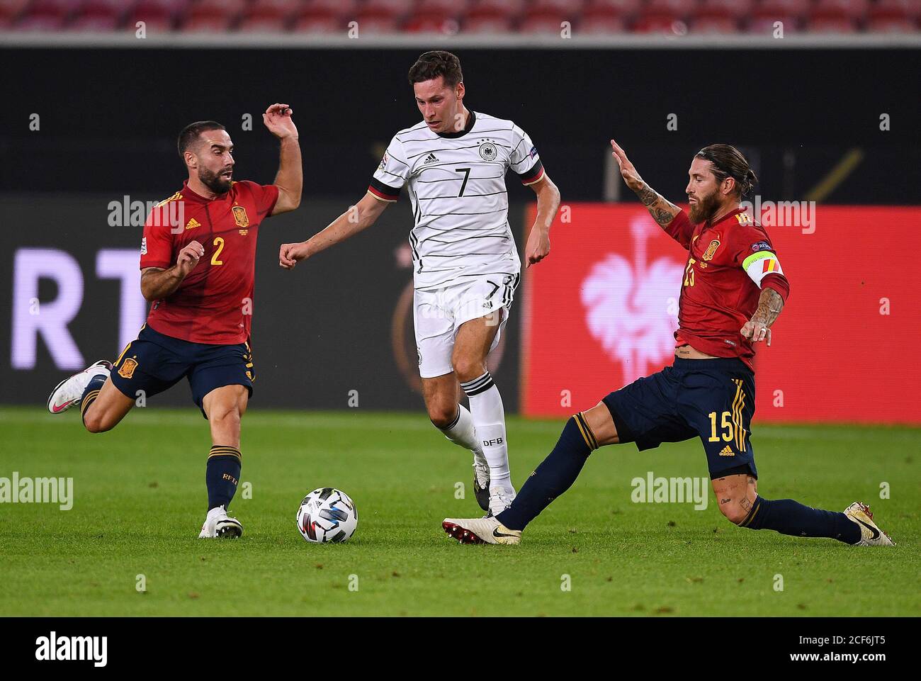 Stuttgart. 4th Sep, 2020. Julian Draxler (C) of Germany vies with Daniel Carvajal(L) and Sergio Ramos of Spain during a UEFA Nations League match between Germany and Spain in Stuttgart, Germany, Sept. 3, 2020. Credit: Xinhua/Alamy Live News Stock Photo