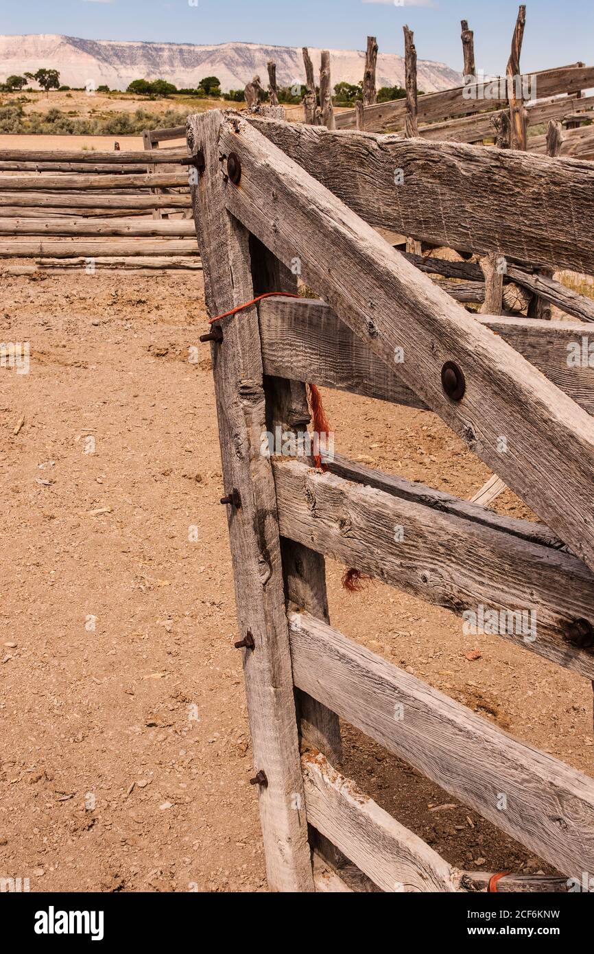 Gate at a vintage cattle corral still in use by a working cattle company near Castledale, Utah. Stock Photo