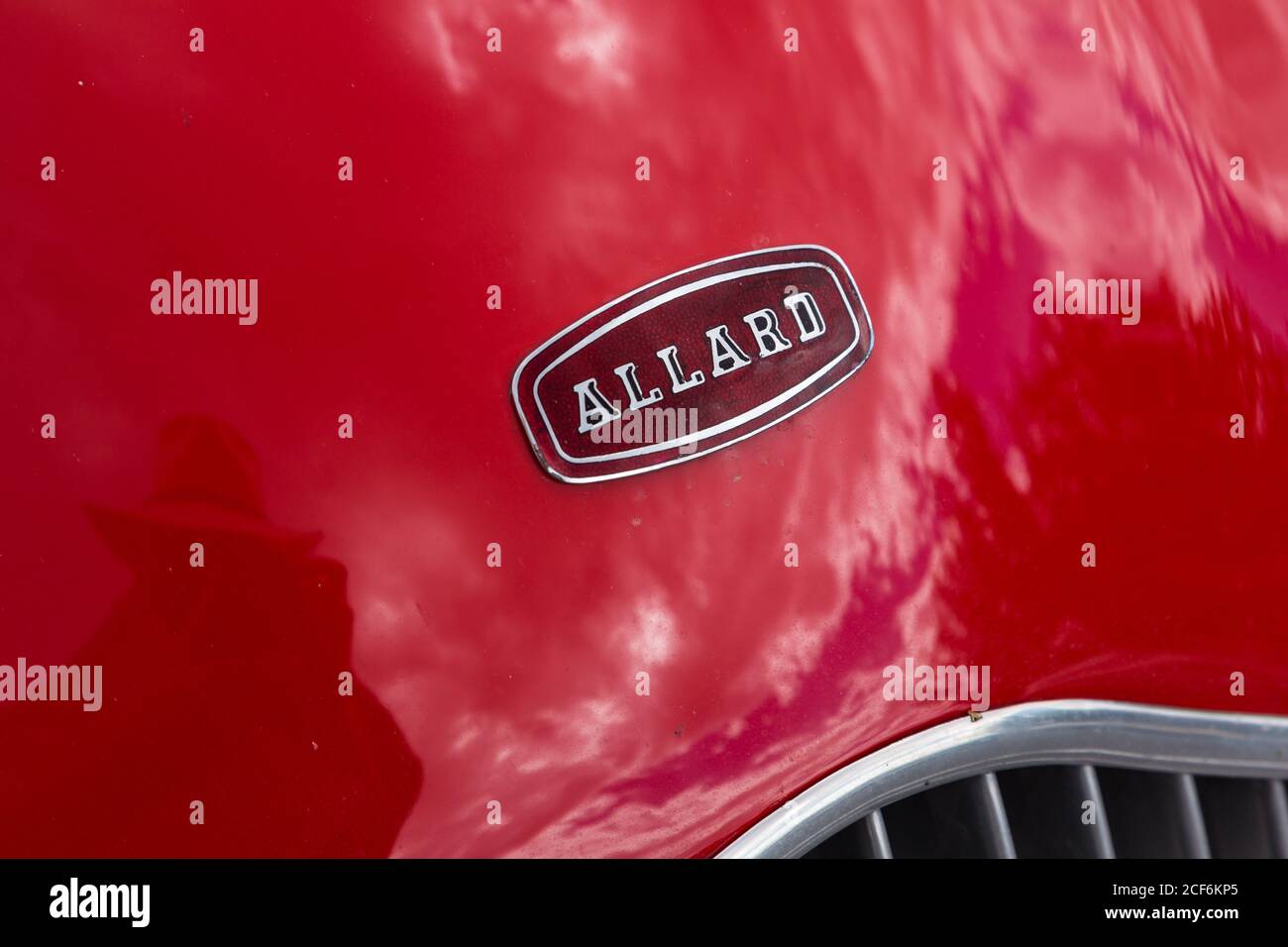 Detail of the hood badge on a classic 1952 Allard J2X sports car. Stock Photo