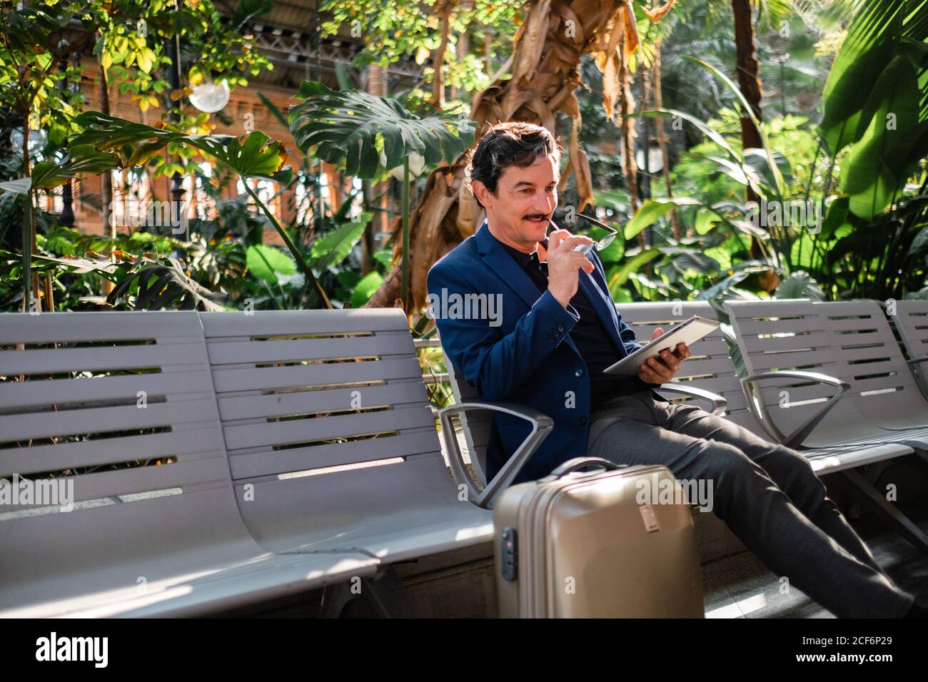 Aged handsome man using digital tablet outdoors Stock Photo