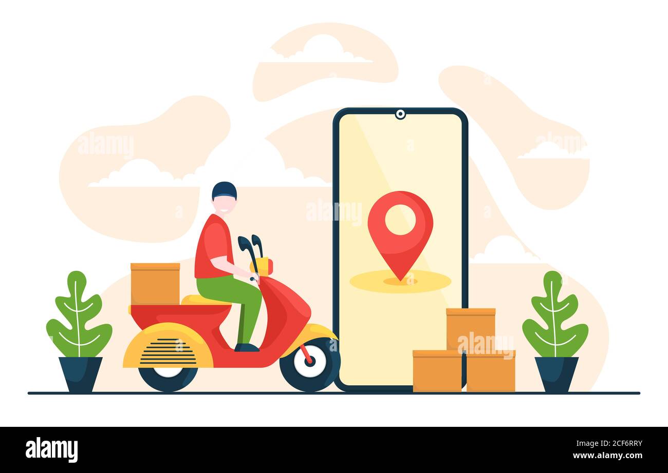 Man Riding Scooter Delivery Service Food Shipping by Mobile Application