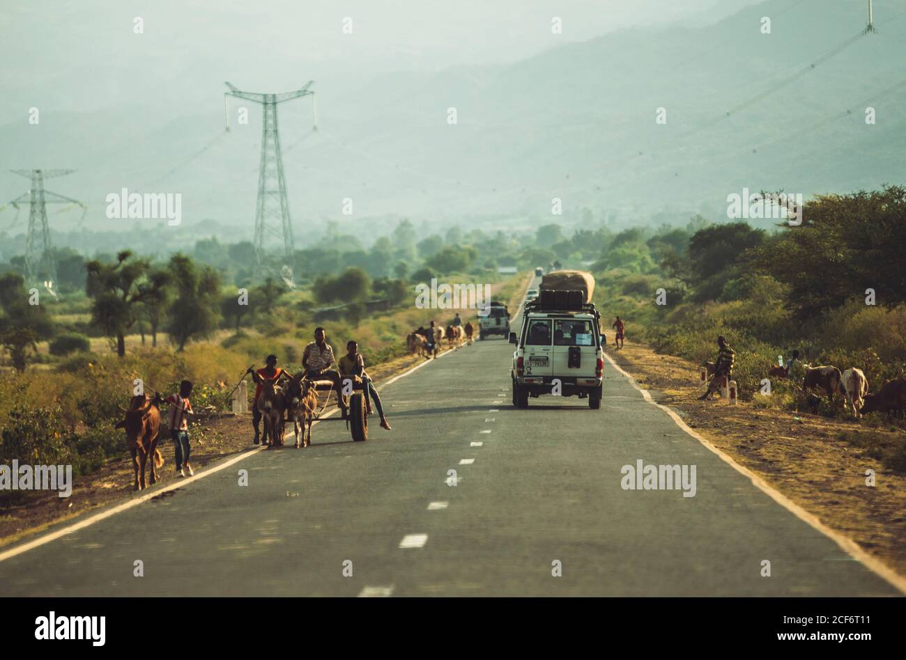 Afar, Ethiopia November 05, 2018 Landscape of riding cars on roadway with people and animals