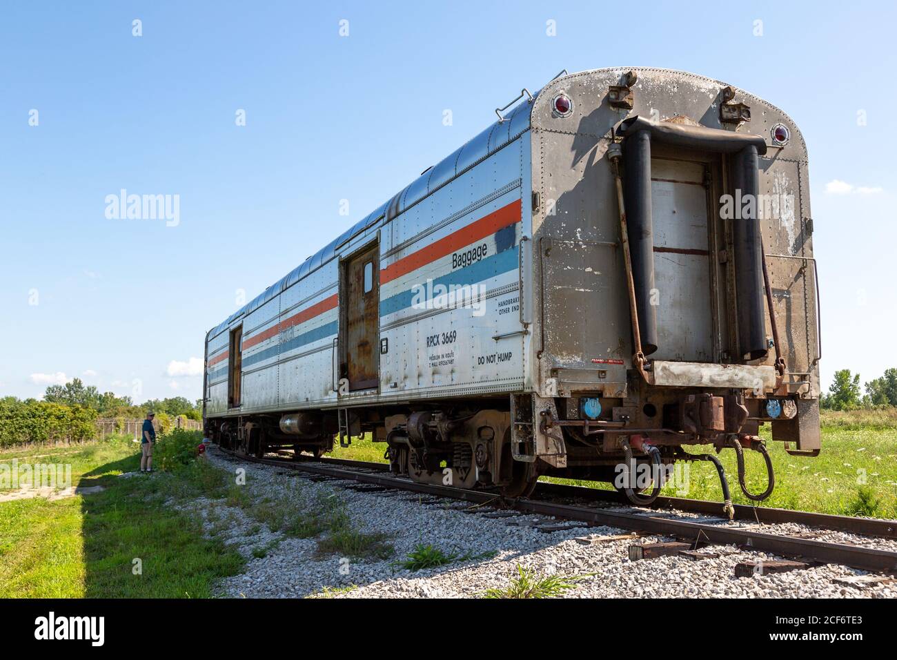 A former Amtrak baggage car sits on the grounds of the Fort Wayne Historical Society in New Haven, Indiana, USA. Stock Photo