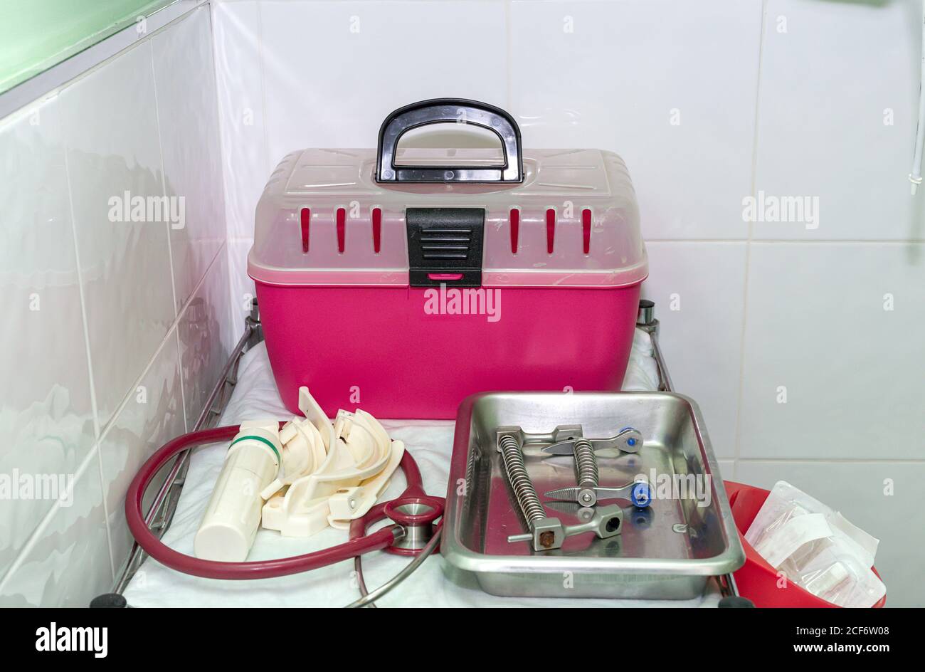 Pink plastic box for carrying cats and medical tools on surgical tray by tiled wall in veterinary clinic Stock Photo
