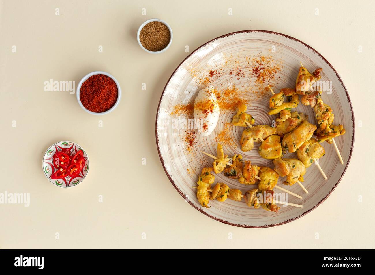 Homemade Moorish skewers with rice of meat with spices. Typical ...