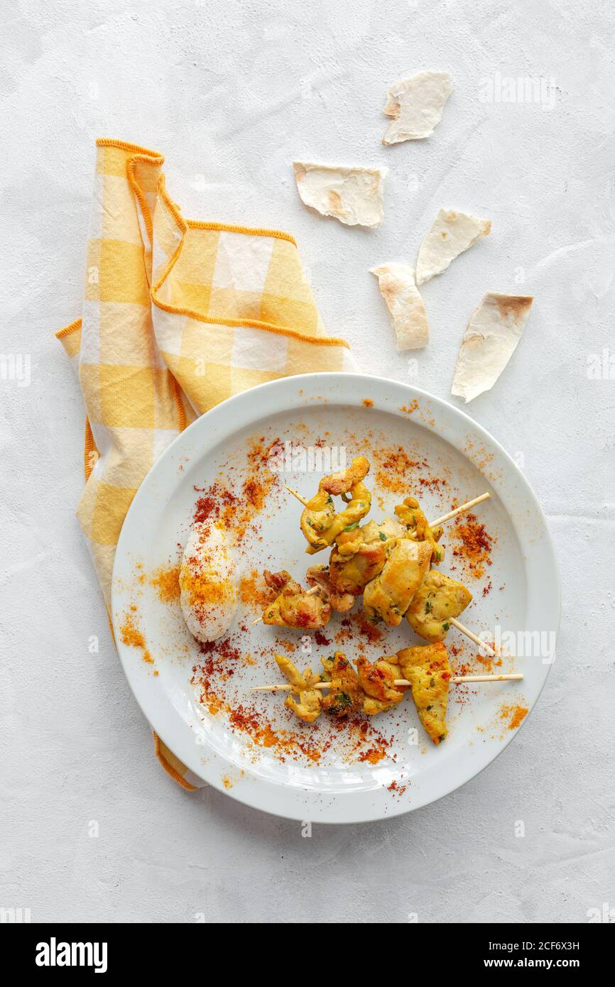 Homemade Moorish skewers with rice of meat with spices. Typical ...