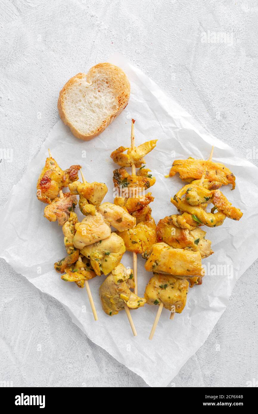 Homemade Moorish skewers with rice of meat with spices. Typical ...