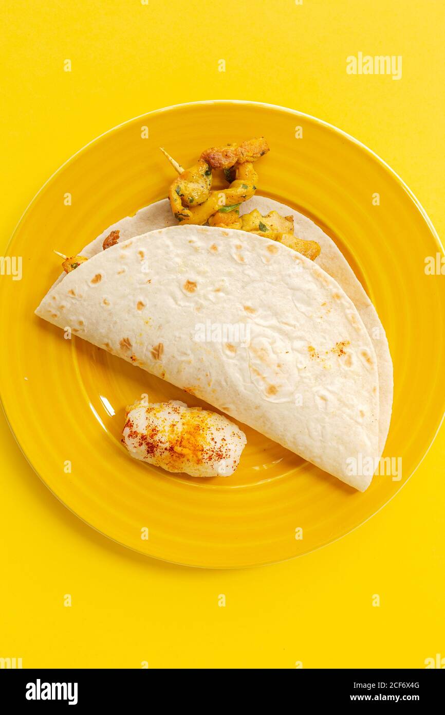 Homemade Moorish skewers with rice of meat with spices. Typical ...