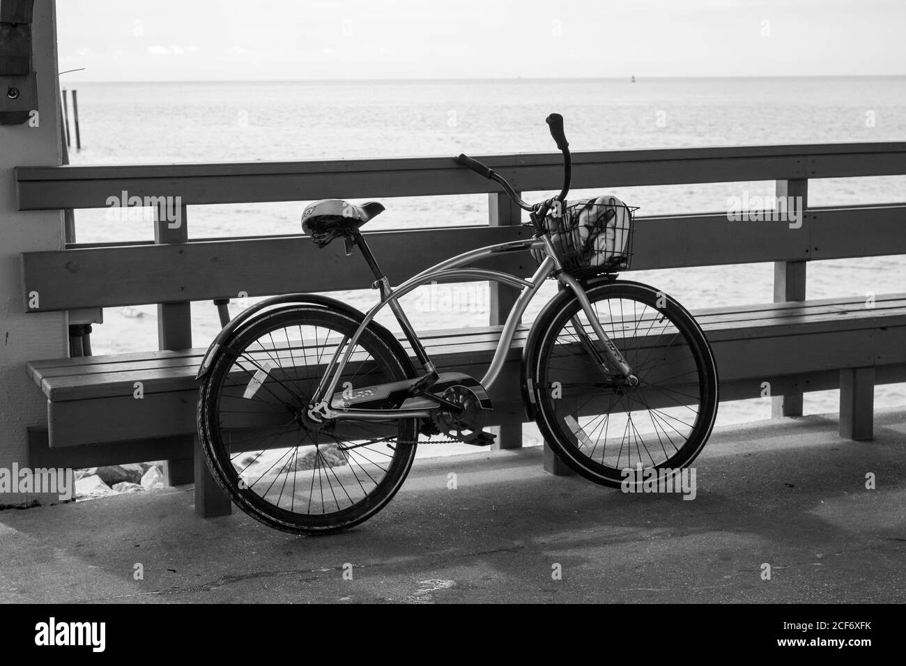A bicycle on a pier at St.Simons in Georgia. Stock Photo